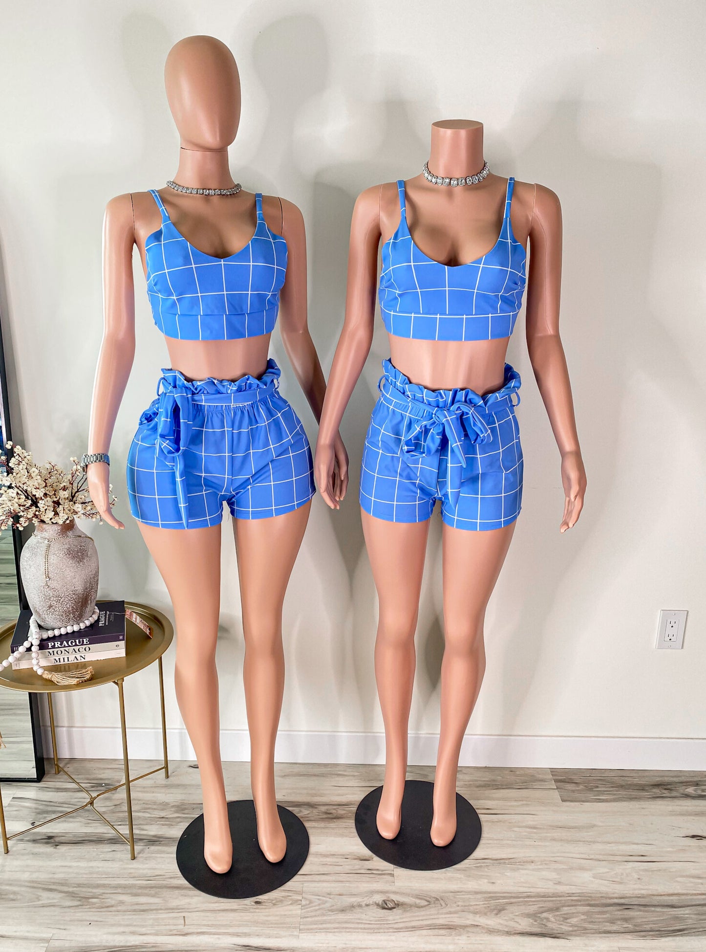 Power Play - Blue Plaid Crop Top & High Waist Shorts Set