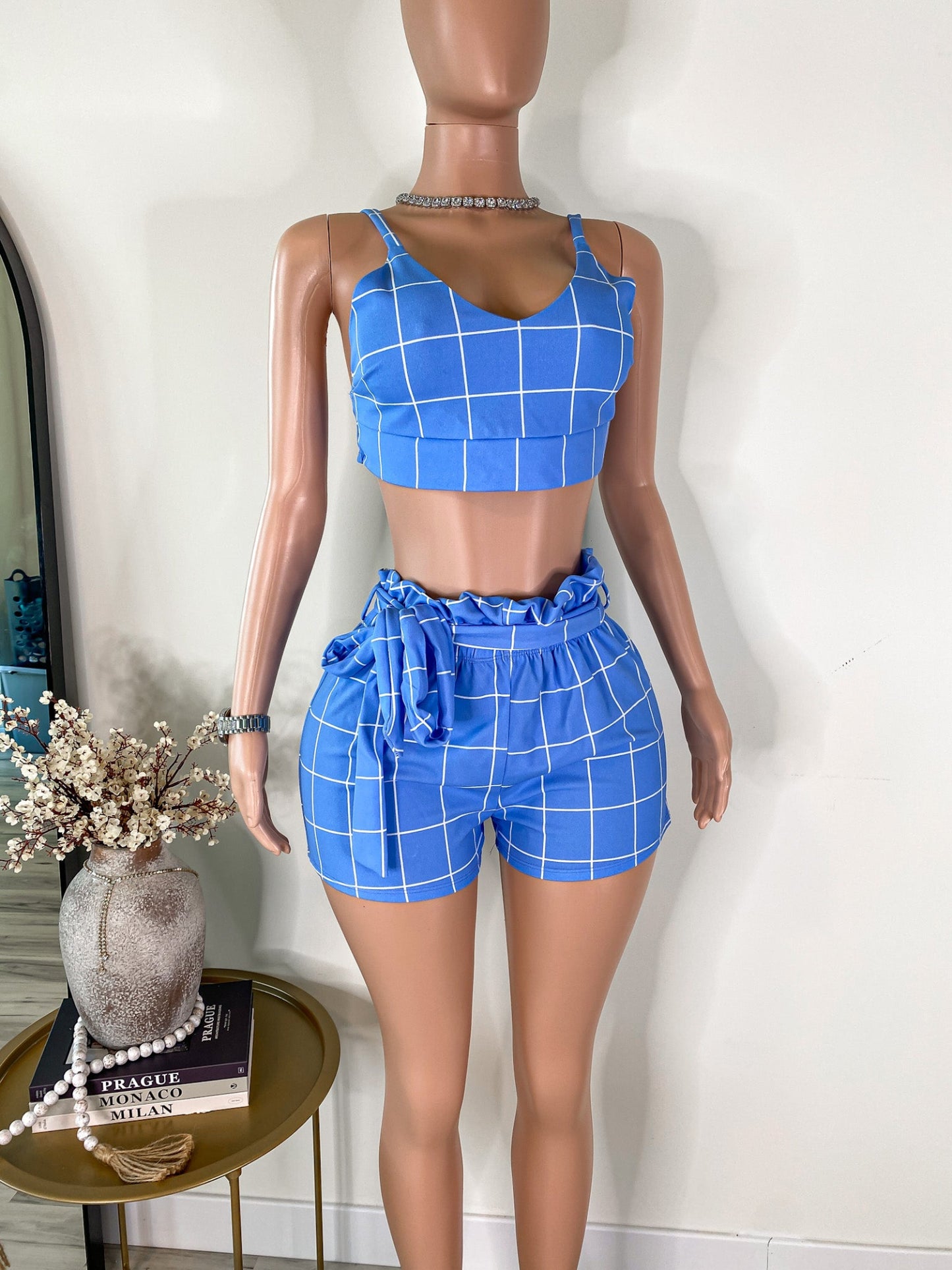 Power Play - Blue Plaid Crop Top & High Waist Shorts Set