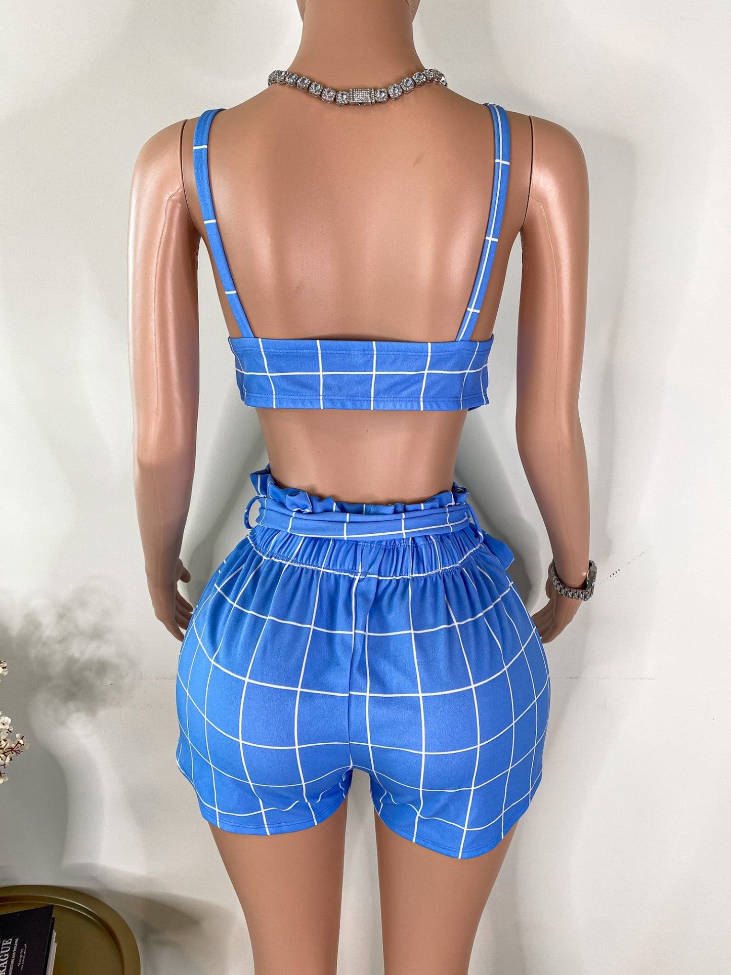 Power Play - Blue Plaid Crop Top & High Waist Shorts Set