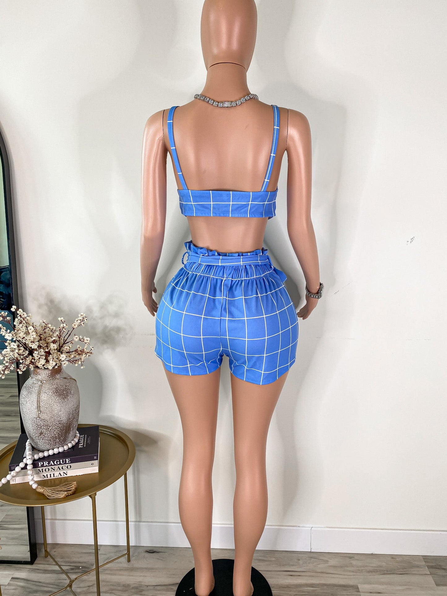 Power Play - Blue Plaid Crop Top & High Waist Shorts Set