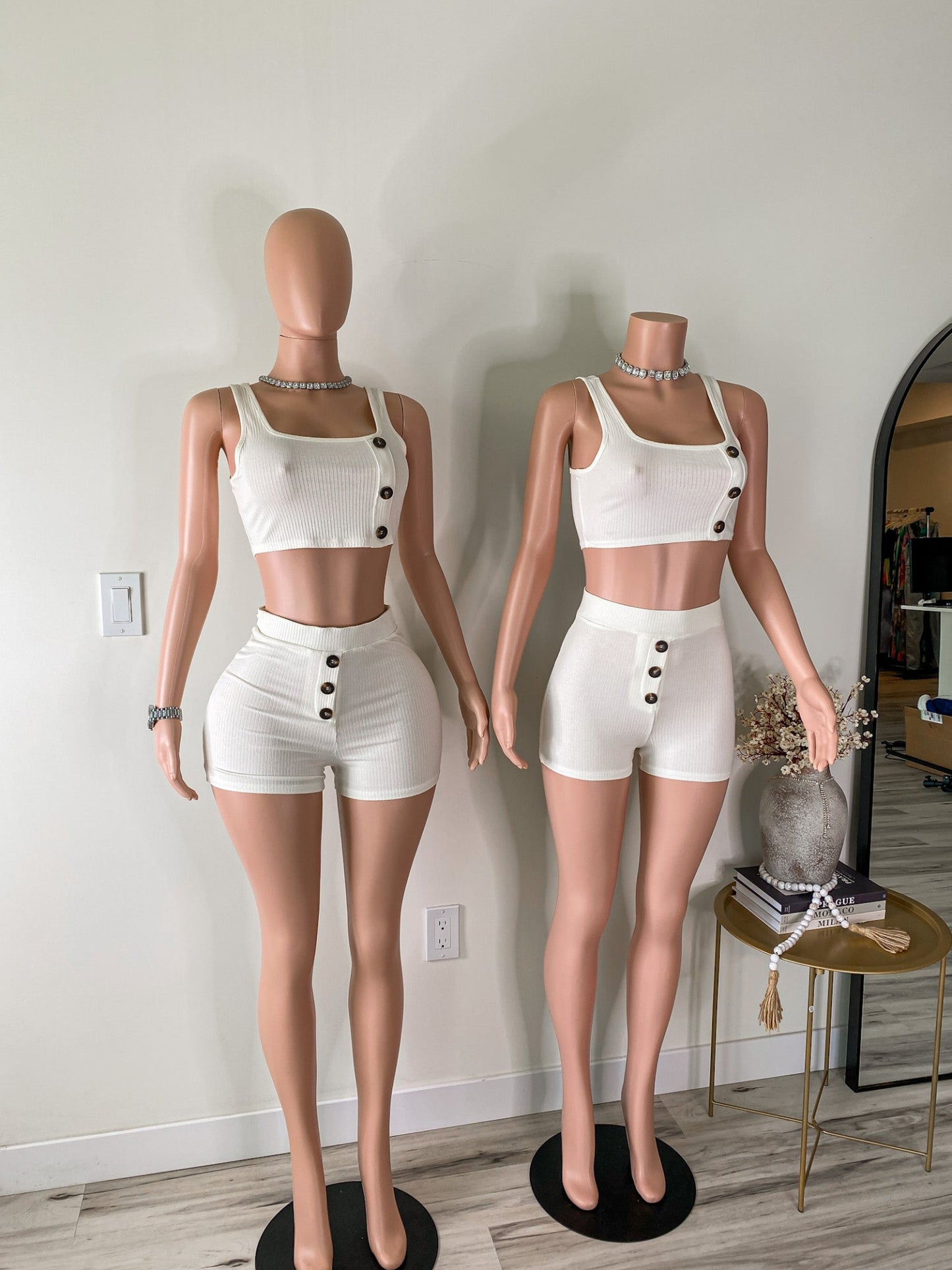 Minimal Intent – Ribbed Button Detail Lounge White Crop Top & High Waist Shorts Set