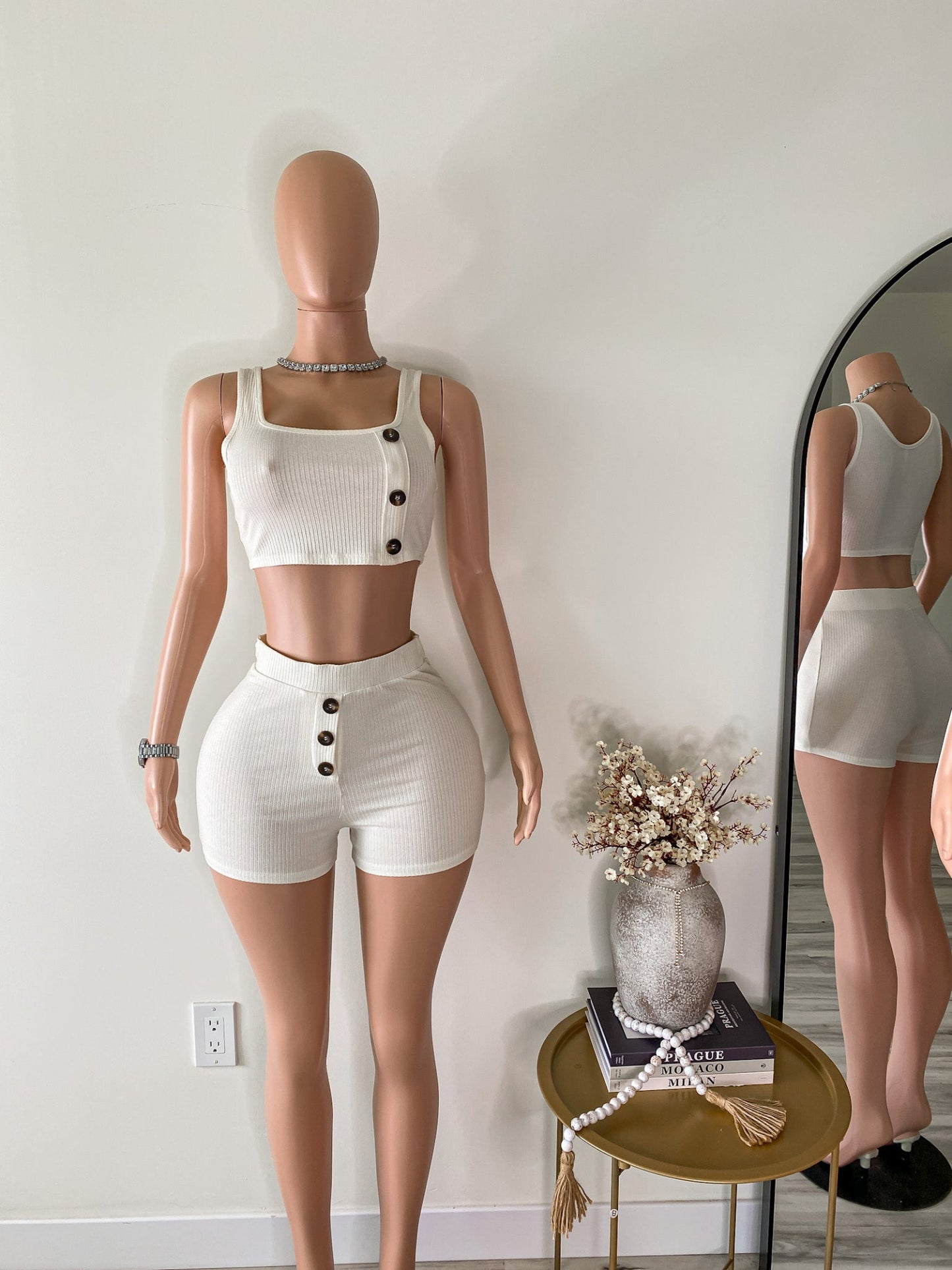 Minimal Intent – Ribbed Button Detail Lounge White Crop Top & High Waist Shorts Set