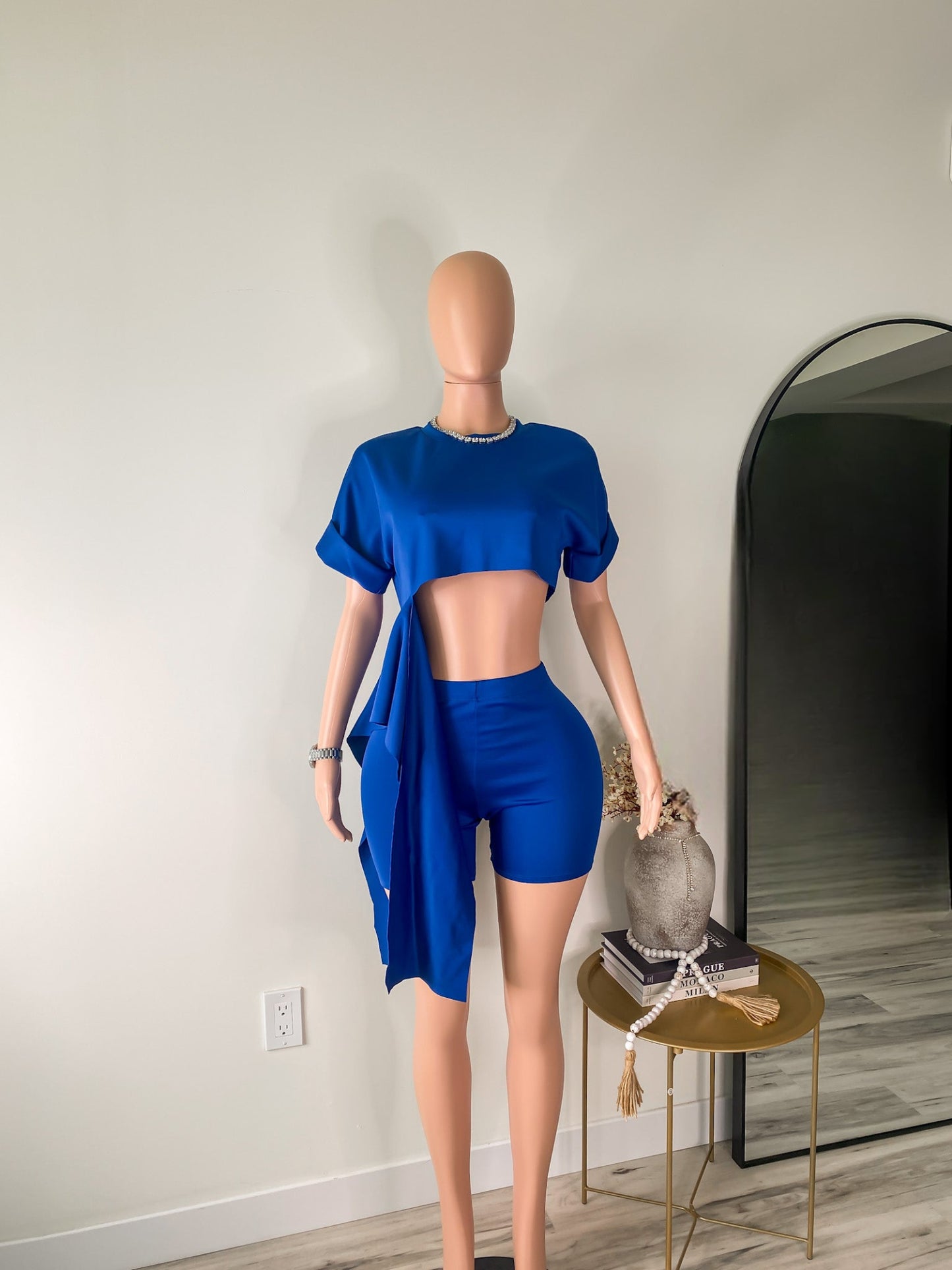 Flow State – Blue Draped Tie Crop Tee & Biker Shorts Set