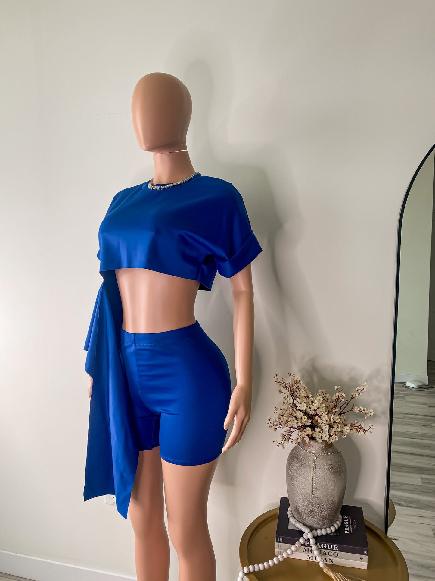 Flow State – Blue Draped Tie Crop Tee & Biker Shorts Set