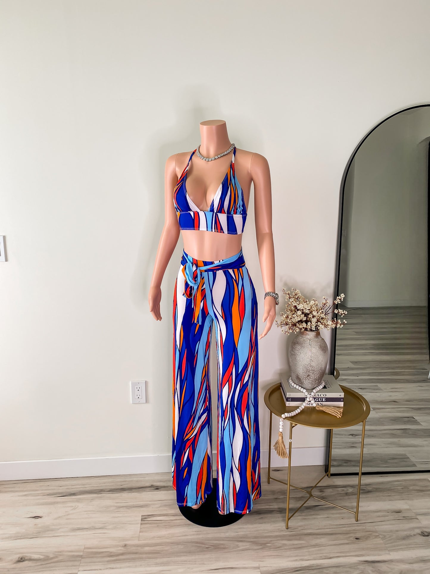 Heat Vision – Halter Tie Top & Wide-Leg Pant Set (Multicolor)