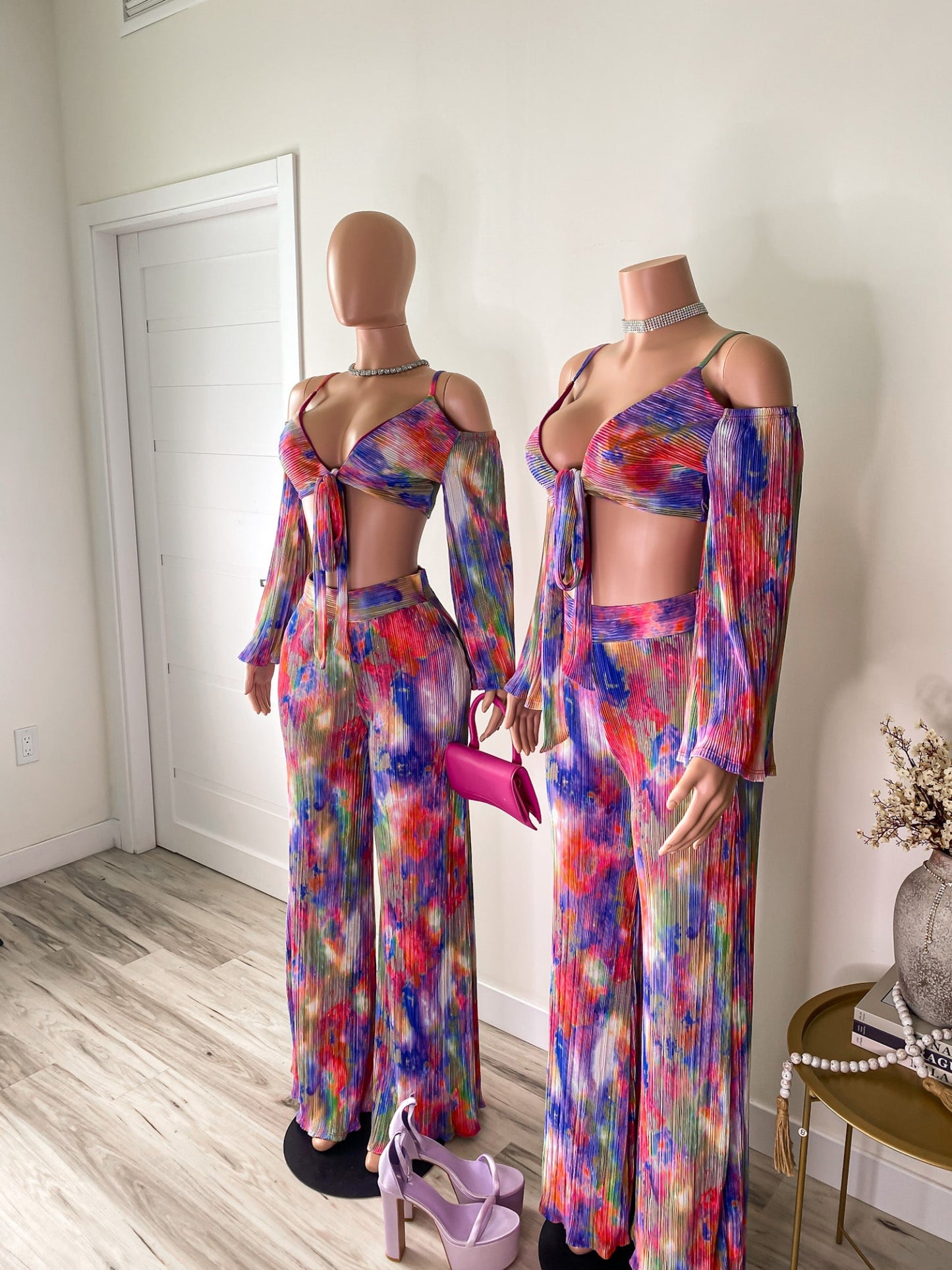 Neon Nights – Watercolor Pleated Tie Front Top & Wide-Leg Pant Set