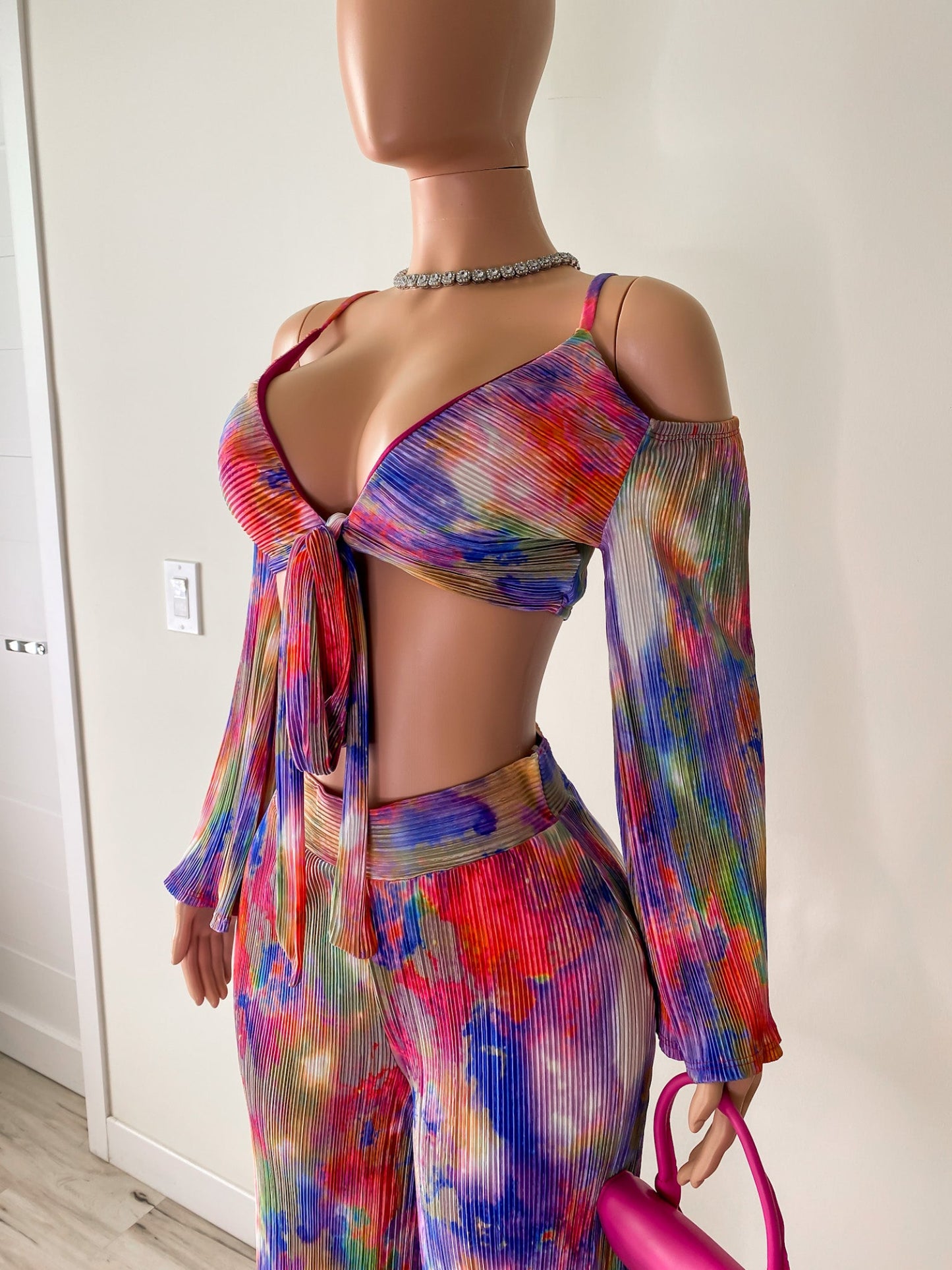 Neon Nights – Watercolor Pleated Tie Front Top & Wide-Leg Pant Set