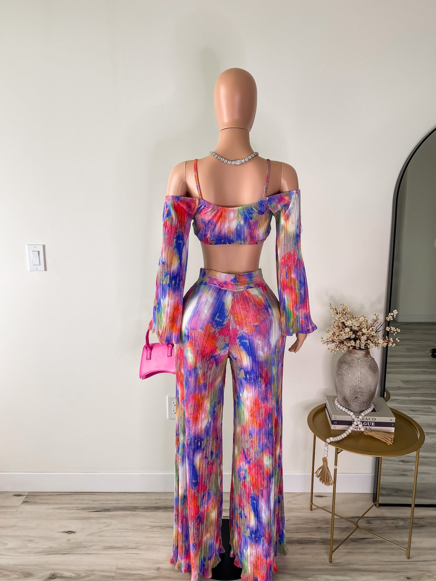 Neon Nights – Watercolor Pleated Tie Front Top & Wide-Leg Pant Set
