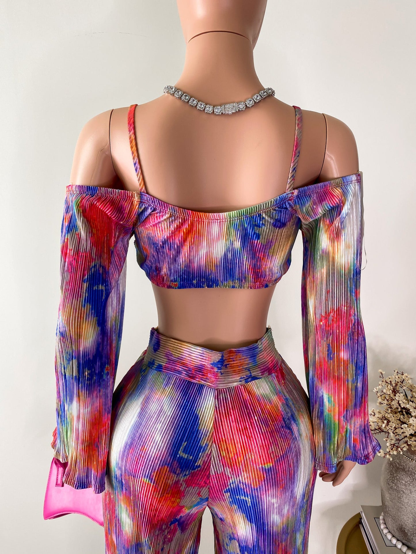 Neon Nights – Watercolor Pleated Tie Front Top & Wide-Leg Pant Set