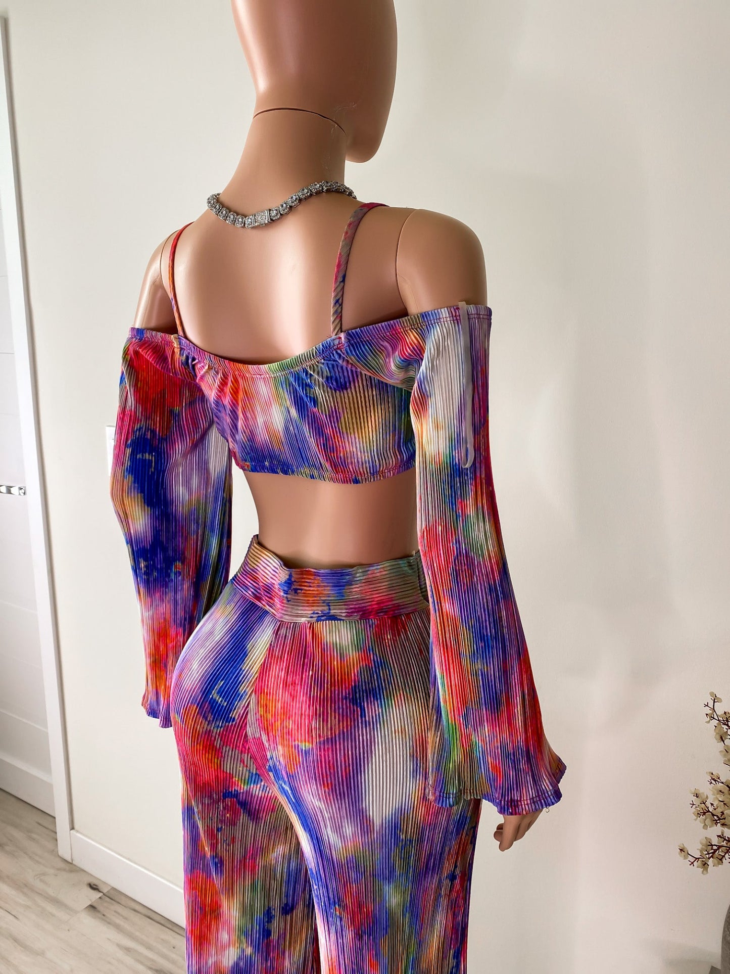 Neon Nights – Watercolor Pleated Tie Front Top & Wide-Leg Pant Set