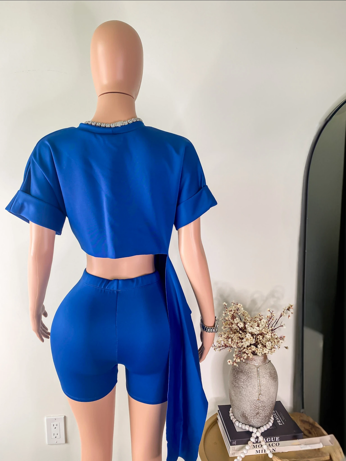 Flow State – Blue Draped Tie Crop Tee & Biker Shorts Set