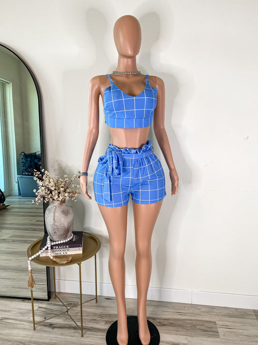 Power Play - Blue Plaid Crop Top & High Waist Shorts Set