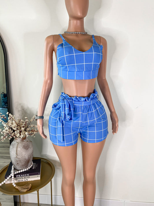 Power Play - Blue Plaid Crop Top & High Waist Shorts Set