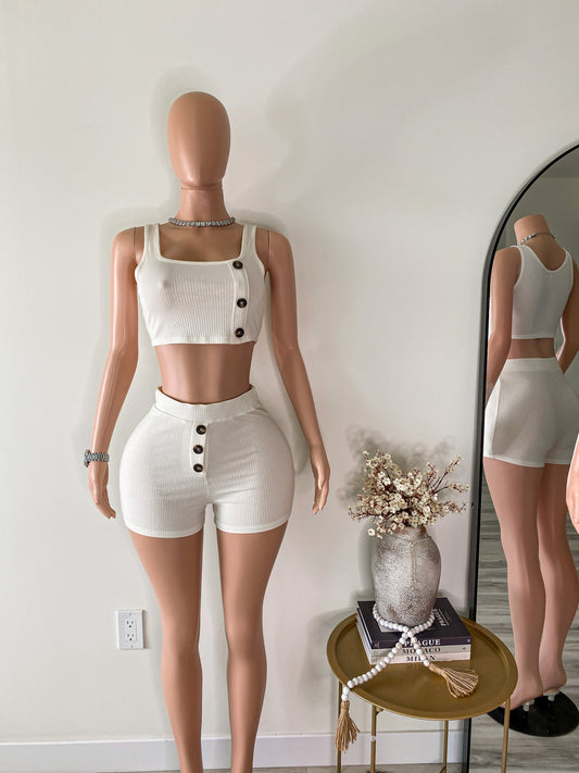 Minimal Intent – Ribbed Button Detail Lounge White Crop Top & High Waist Shorts Set