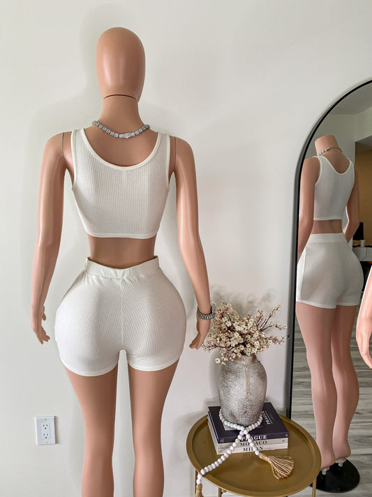 Minimal Intent – Ribbed Button Detail Lounge White Crop Top & High Waist Shorts Set