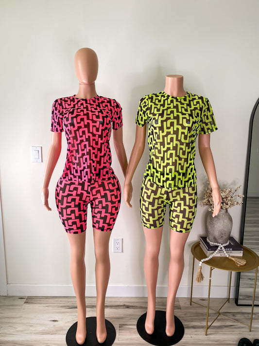 Pattern Play – Neon Mesh Tee & Biker Shorts Set
