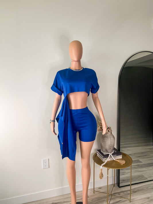 Flow State – Blue Draped Tie Crop Tee & Biker Shorts Set