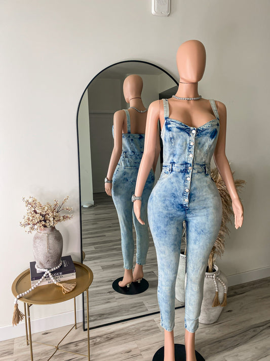 Denim Behavior – Acid Wash Corset Jumpsuit