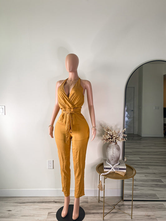 Golden Hour – Halter Wrap Jumpsuit (Mustard Yellow)