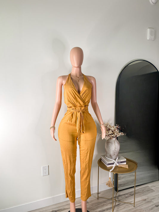 Golden Hour – Halter Wrap Jumpsuit (Mustard Yellow)