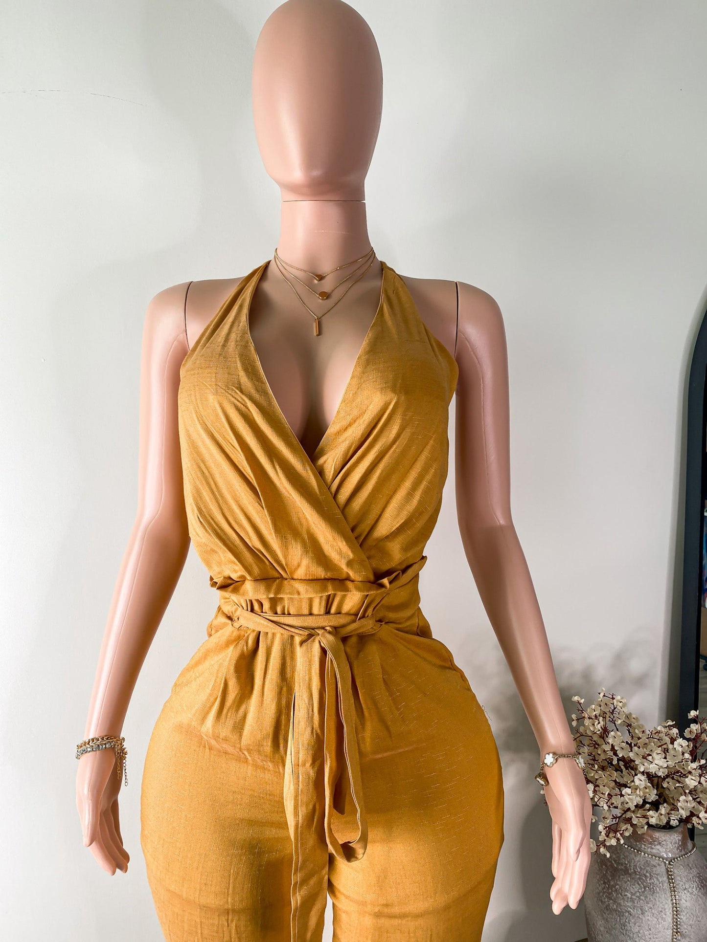 Golden Hour – Halter Wrap Jumpsuit (Mustard Yellow)