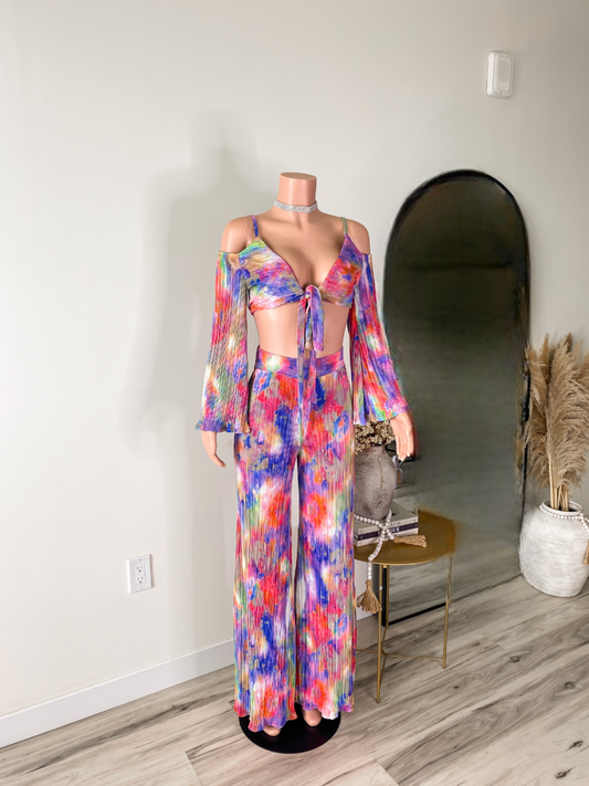 Neon Nights – Watercolor Pleated Tie Front Top & Wide-Leg Pant Set
