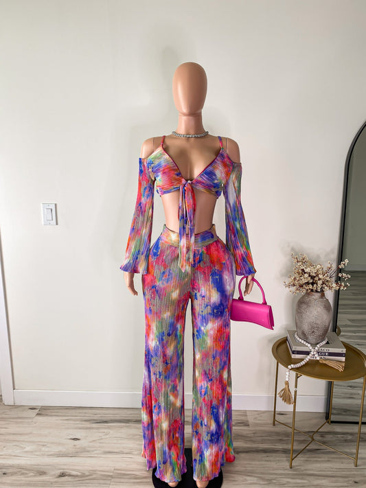 Neon Nights – Watercolor Pleated Tie Front Top & Wide-Leg Pant Set